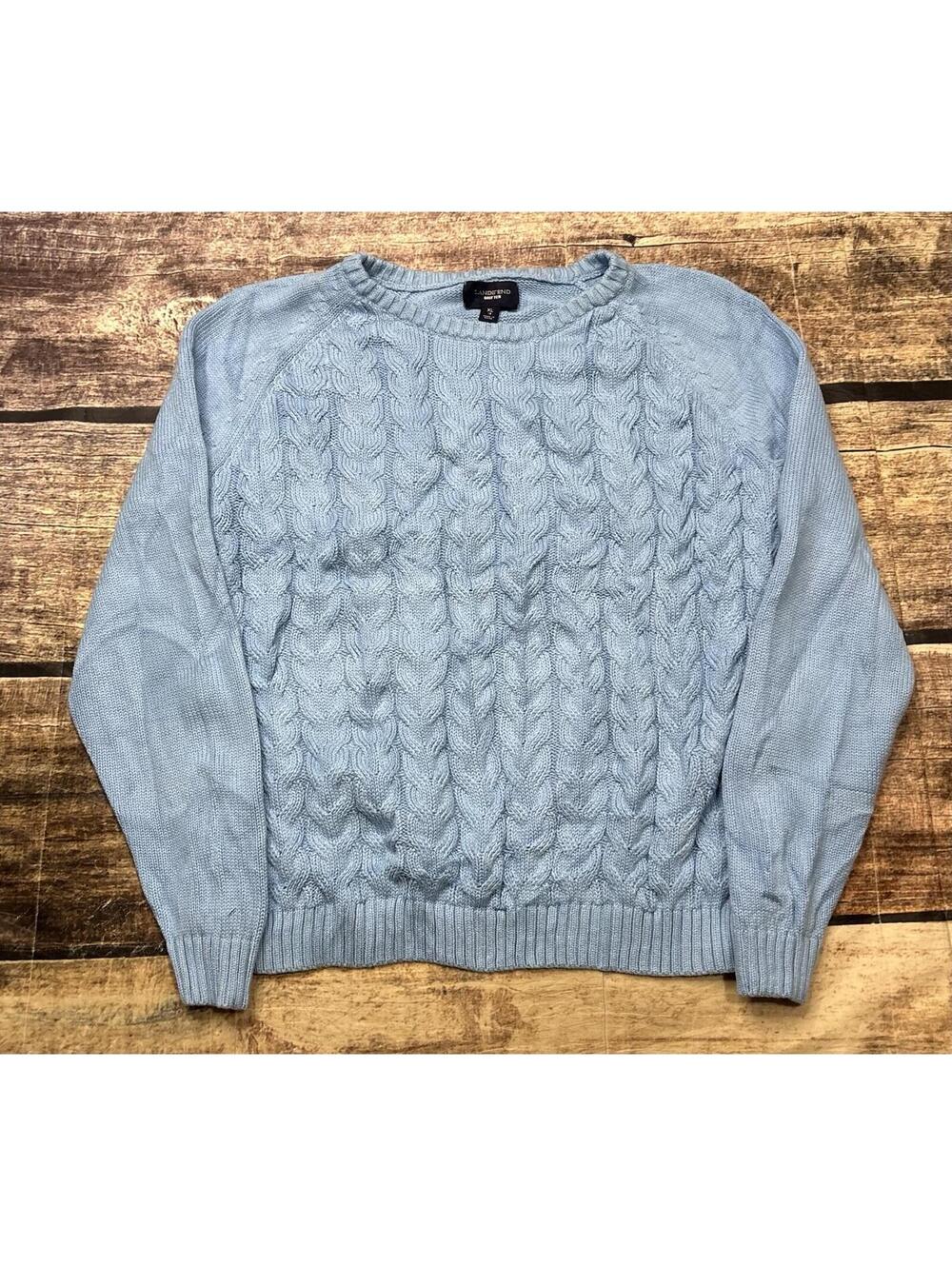 Lands End Drifter Sweater Womens XL Cable Knit Cotton Blue Pullover